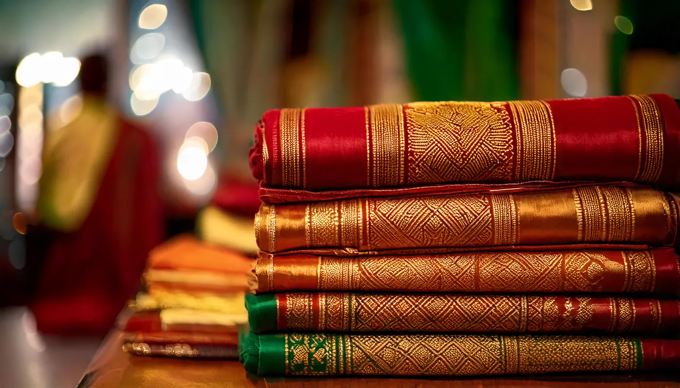 Silk sarees stacked