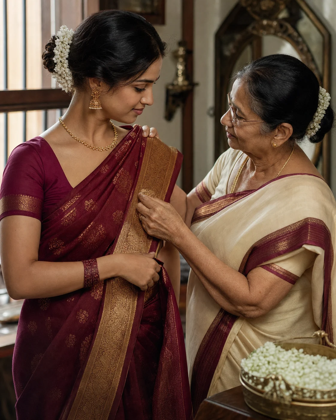 Grandmother arranging her granddaughter's maroon silk saree for a family celebration