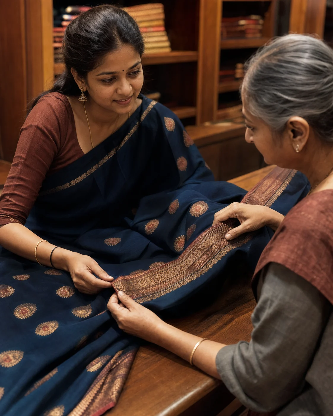 Sree Silks curator and customer examining the border of an indigo silk saree