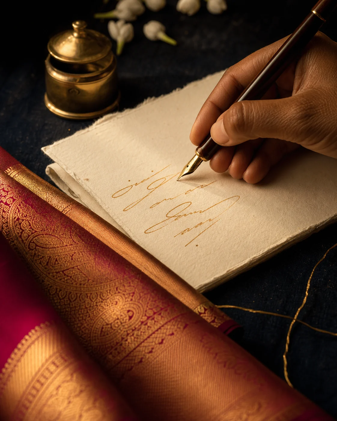 Calligrapher writing a gold blessing beside magenta ceremonial silk