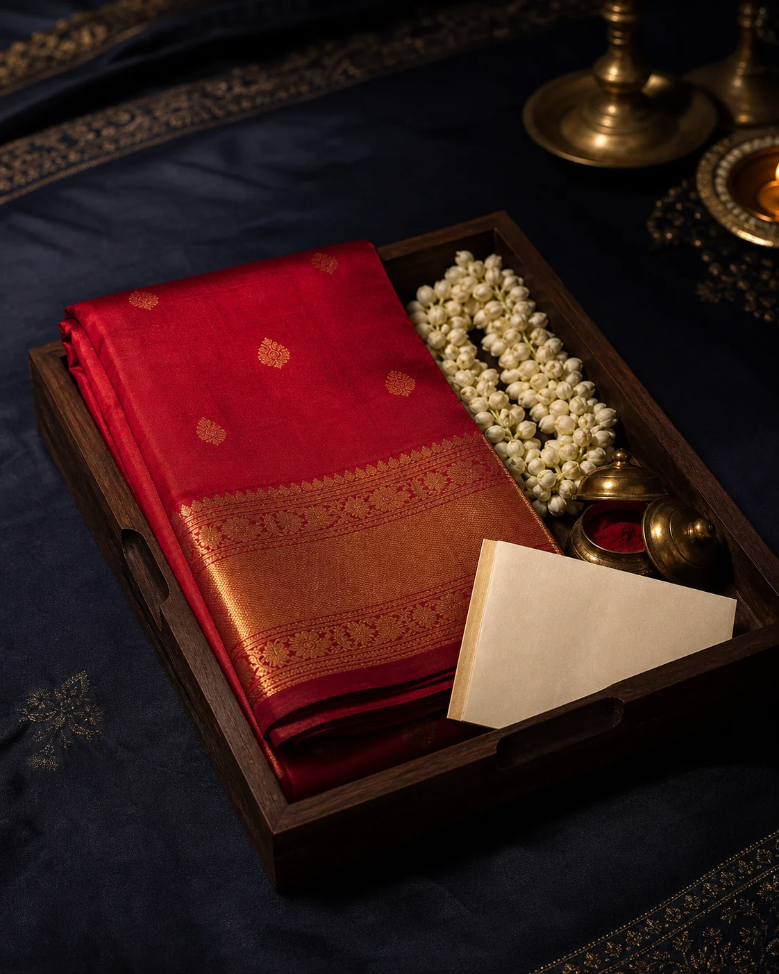 Ruby silk saree curated with jasmine, brass ritualware, and a personal note