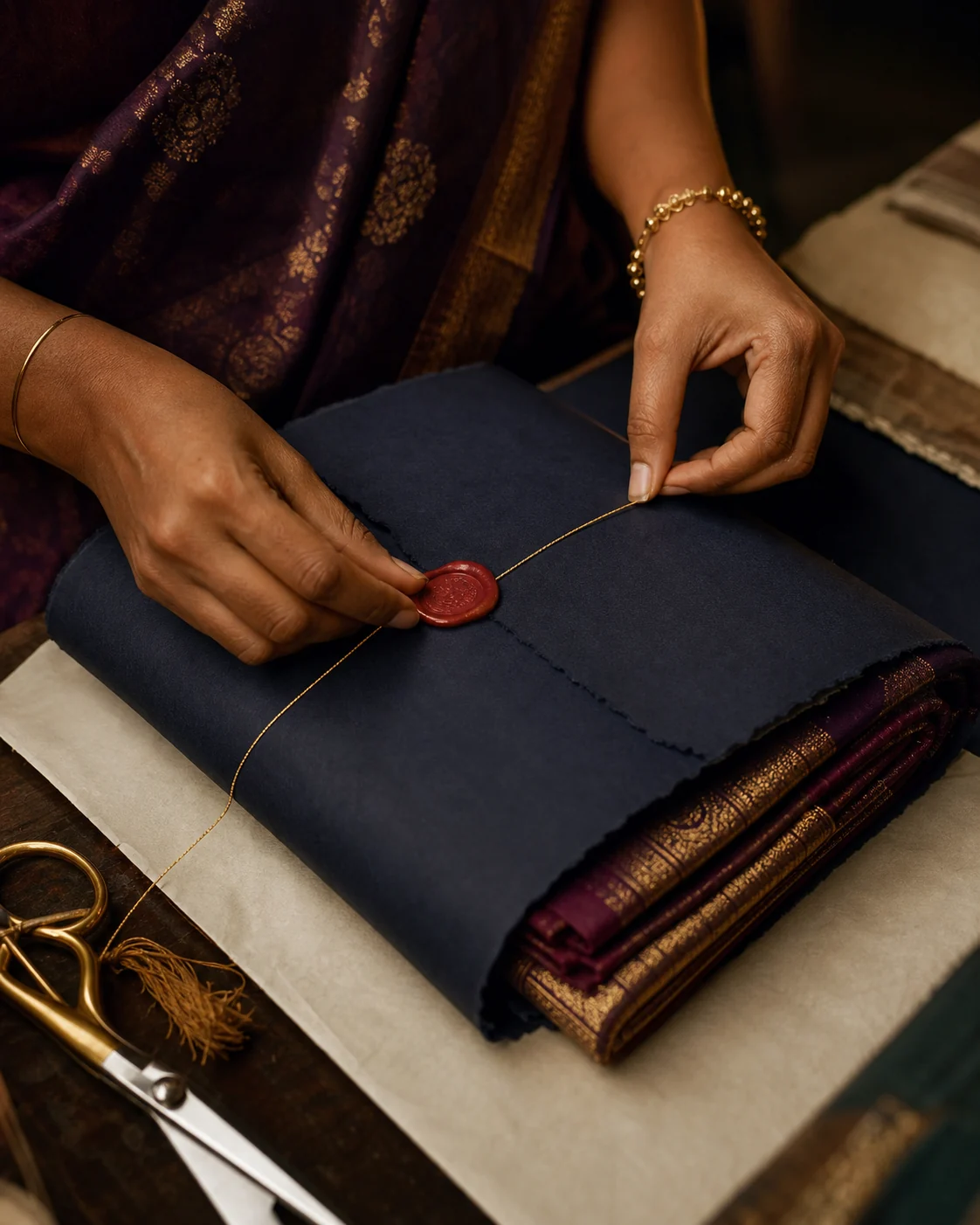 Artisan wrapping a celebration gift in indigo paper with a red wax seal