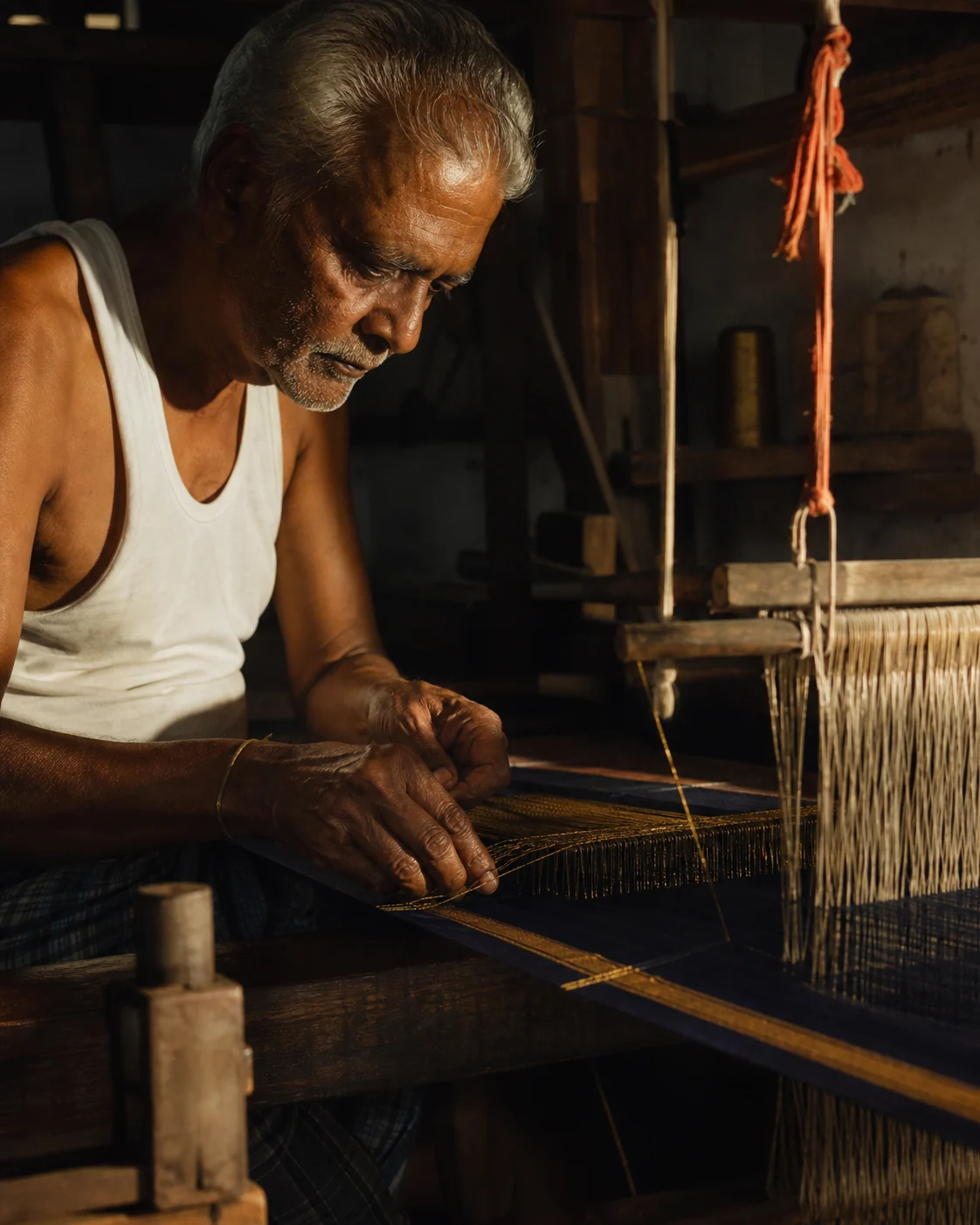 Master weaver working at an indigo handloom threaded with gold zari
