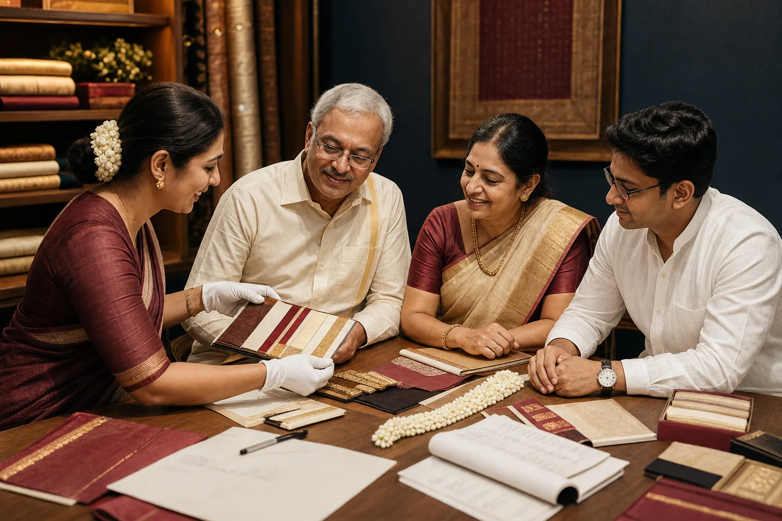 Sree Silks stylist guiding a Tamil family through a wedding textile curation