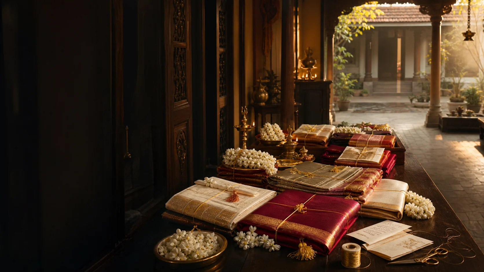 A Tamil wedding gifting table arranged with silk sarees, veshtis, jasmine, and brass ritualware
