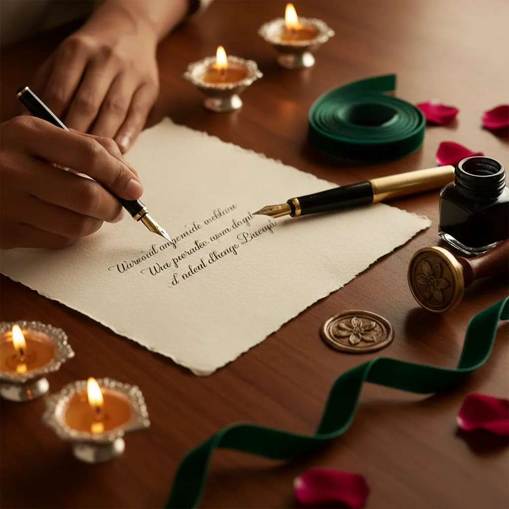 Artisan hand-writing a wedding blessing on cotton rag paper with fountain pen, candles, and wax seal stamp