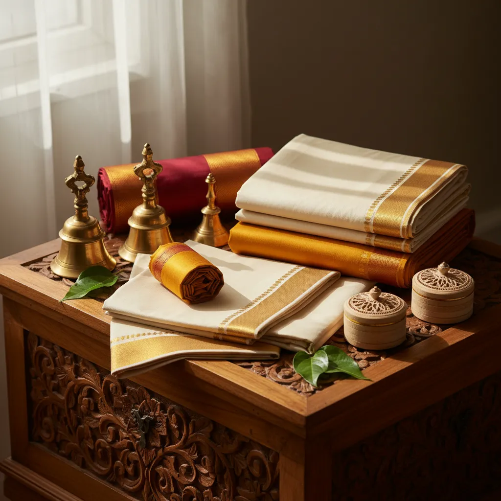 Ivory veshti and angavastram set styled with brass bells, sandalwood boxes, and betel leaves
