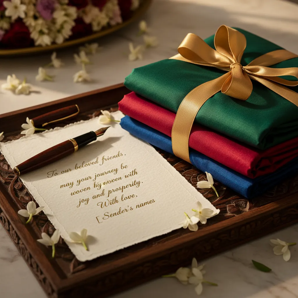 Handwritten gifting note beside folded silk sarees