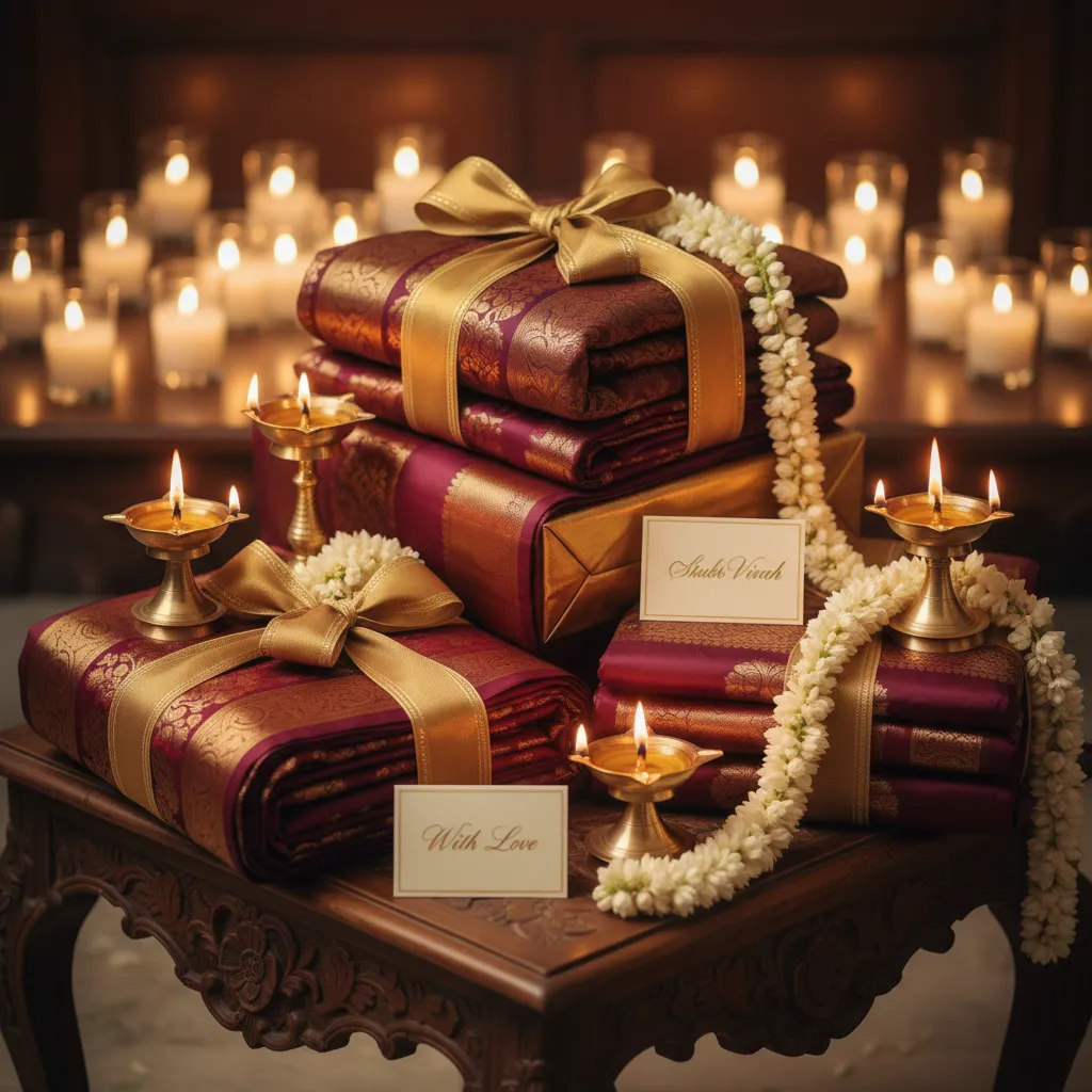 Luxurious silk wedding gifting display with candles
