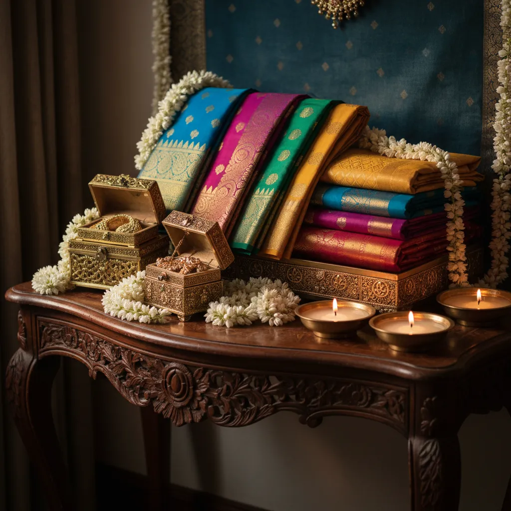 Vibrant Kanchipuram saree hamper with jasmine garlands, jewelry boxes, and floating candles