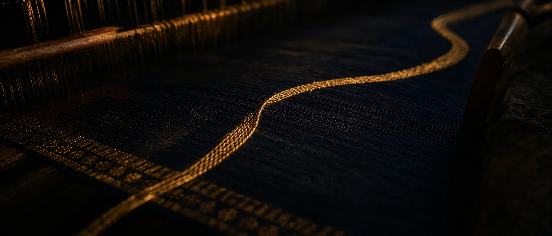 Gold zari thread travelling across midnight handloom silk